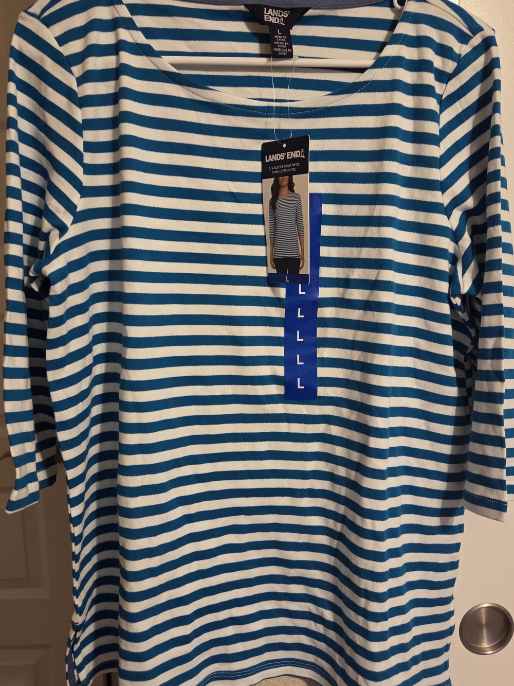 Lands' End White and Teal Striped Long Sleeve Tee